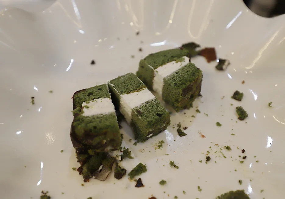 Mugwort choco pie cut open showing creamy filling at Ssuk’s Choco Pie Gwangju